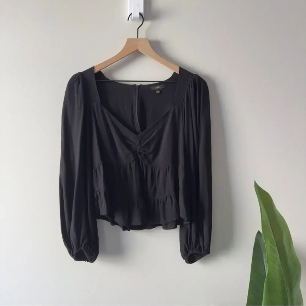 AFRM Revolve Black Babydoll Top Long Sleeve Zip Up Zipper Sweetheart Neckline M - Picture 2 of 10